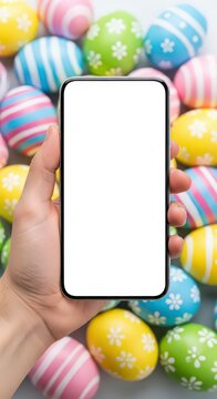 A hand holding a phone with easter eggs in the background