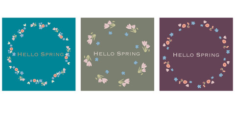 A set of three square spring-themed illustrations featuring floral wreaths and the phrase &ldquo;HELLO SPRING&rdquo; in the center. Perfect for greeting cards, seasonal banners, and decorative prints.
