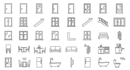 Obraz premium Interior Architectural Icon Sheet Vector Black Line Art Collection