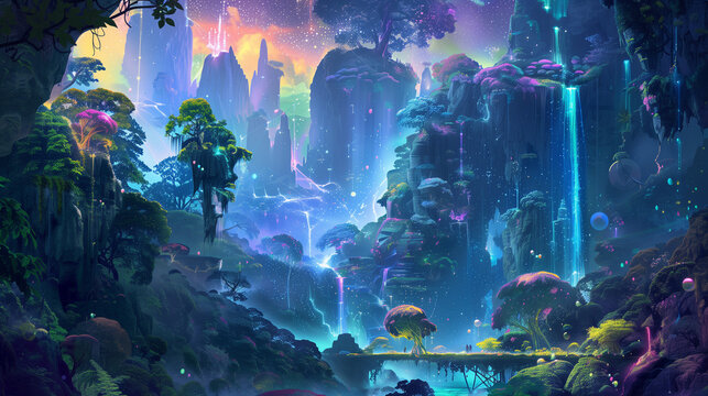 Fantasy landscape with dreamy mountains and forest