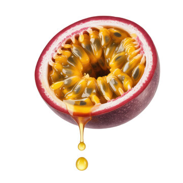 Halved passion fruit passionfruit pulp juice isolated on a transparent background