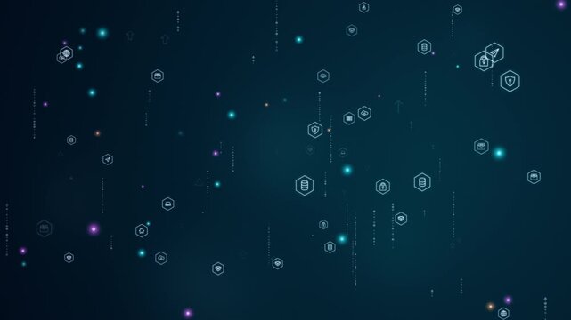 Motion graphic of floating technology and cybersecurity icons in seamless loop with glowing hexagon interface creating futuristic digital network background for corporate technology video.