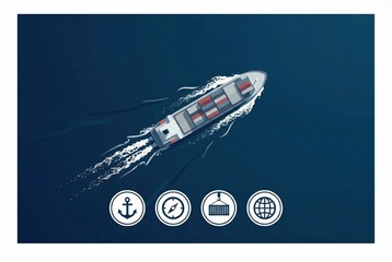 Fototapeta premium Modern cargo ship navigating through deep blue waters with nautical icons representing maritime logistics supply chains and global trade connectivity
