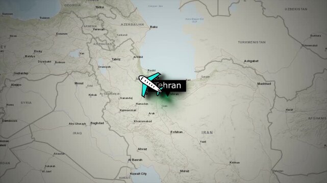 Flight Route Animation From Tehran Iran to Paris France on World Map