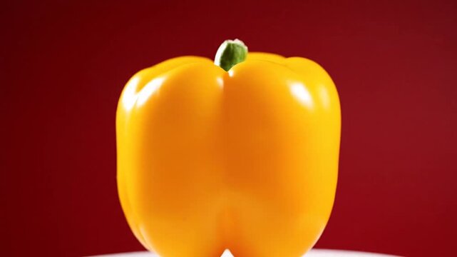 Vibrant Yellow Bell Pepper Rotating on a White Surface with a Deep Red Background.