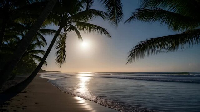 Tropical beach sunset with palm trees and ocean waves gentle shoreline peaceful evening nature scene Ai HD 4K video.
