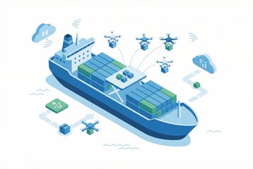 Obraz premium Advanced logistics ecosystem visualizing the integration of drones and cloud technology in maritime shipping with containers depicting modern supply chain innovation