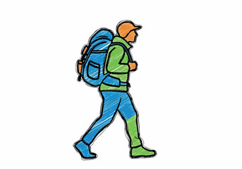 A hiker with a large backpack walks with determination, ready for an outdoor adventure, symbolizing exploration and the joy of the journey through diverse terrains