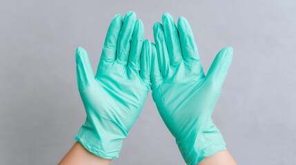 Fototapeta premium Hands wearing teal disposable gloves positioned together against a gray background, for themes about personal protective equipment, medical safety, infection control, healthcare practices