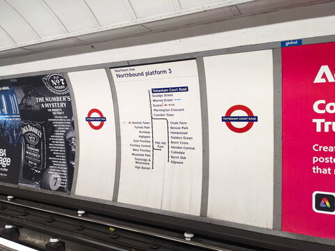 The iconic London Underground roundel and Northern Line map at Tottenham Court Road Tube station