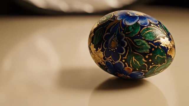 Hand painted decorative egg with floral patterns and gold leaf detail on a reflective surface for Easter celebration or special gift