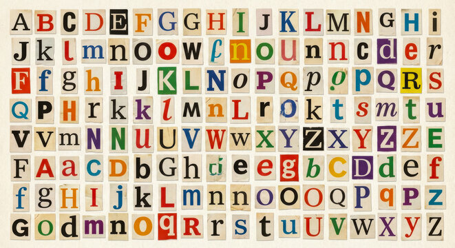 Complete set of English ABC characters and digits 0-9 collage created from newspaper clippings for anonymous message design concept