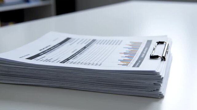 A stack of papers with charts and text, held together by a metal clip on a white surface