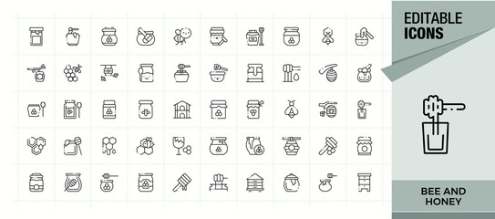 Bee And Honey icon. Line symbol and sign. Featuring food, bee, beeswax, comb, honey, wax. Editable stroke. Vector collection. Beekeeper icon set. © falconixit