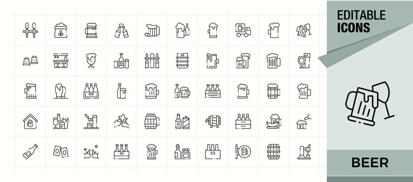 Beer linear icon set. Collection for mobile and web apps. Editable vector. Brew icon set. Containing pub, drink, beverage, brewery, brew and more.