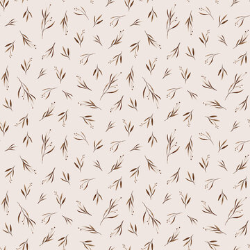 Watercolor seamless pattern with brown flowers spots with leaves. Hand drawn illustration repeat ornament with plants on isolated white background. Dark branches with round buds iridescent watercolors