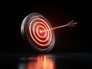 glowing target with arrow in center isolated on a black background
