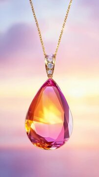 A stunning bi-color gemstone pendant hangs elegantly on a delicate gold chain. Its vibrant hues glow against a soft, dreamy pastel background.