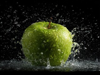 green apple with water splash isolated on a black background