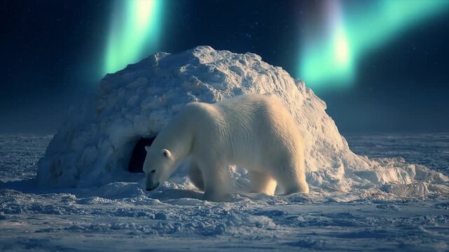 Polar bear beside igloo under northern lights sky scenic view