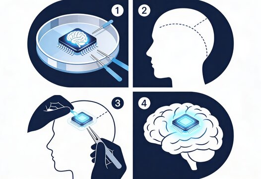 Advanced brain computer interface technology process illustrated showing brain chip implantation, neural enhancement, cognitive expansion, and futuristic intelligence integration