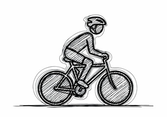Obraz premium Simple Hand-Drawn Sketch of a Cyclist Wearing a Helmet Riding a Bicycle on a White Background