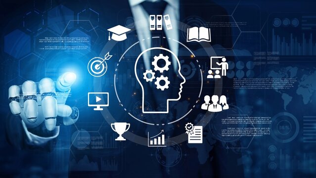 Businessman with robotic hand interacting with digital brain icons on futuristic interface for innovation technology and smart solutions in modern enterprise Gluon.