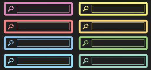 A colorful illustration of search bars with magnifying glasses on a black background