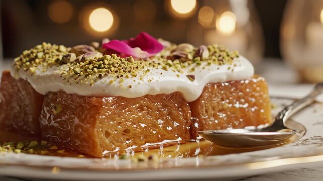 Slow motion 4k footage of delicious cake slice with pistachios and cream close up