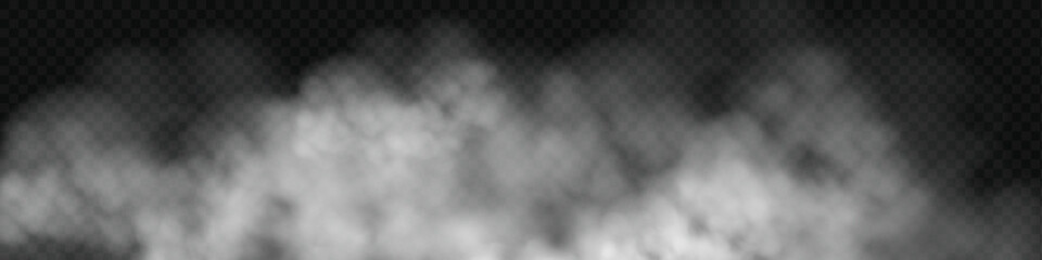 White smoke cloud with overlay effect on dark background. Realistic fog texture spreading along the floor. Atmospheric illustration of misty vapor or haze with dramatic light effect. © gala