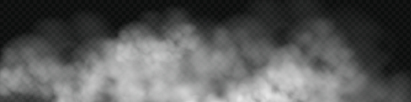 White smoke cloud with overlay effect on dark background. Realistic fog texture spreading along the floor. Atmospheric illustration of misty vapor or haze with dramatic light effect.