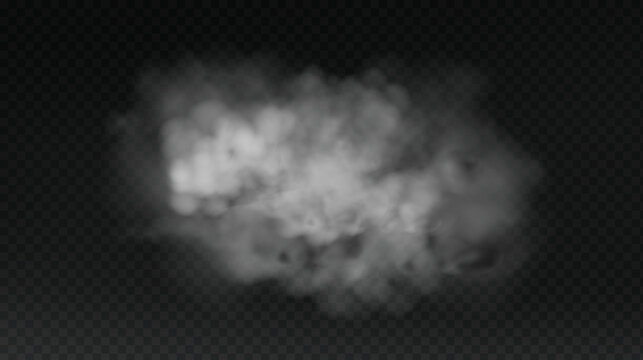 White smoke cloud with overlay effect on dark background. Realistic fog texture spreading along the floor. Atmospheric illustration of misty vapor or haze with dramatic light effect.