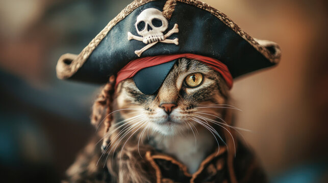 A curious cat in a pirate costume, complete with eye patch and tricorn hat, looks straight at the viewer. A true sea dog!  AI Generative