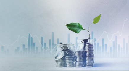 Coins in glass jars with a plant growing on top against a graph background