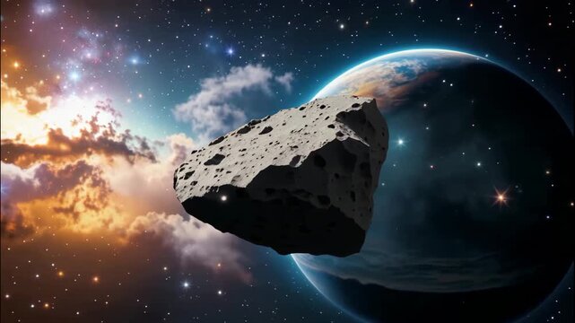 Pockmarked grey asteroid rotates slowly in deep space against blue planet earth and colorful nebula clouds with bright starlight