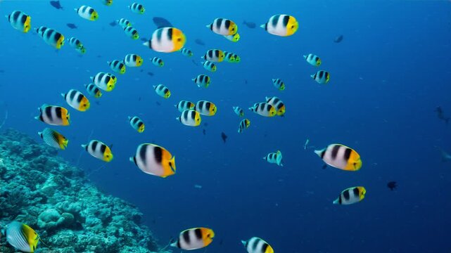 Underwater shot of butterflyfish spawning aggregation swimming fast above tropical coral reef.