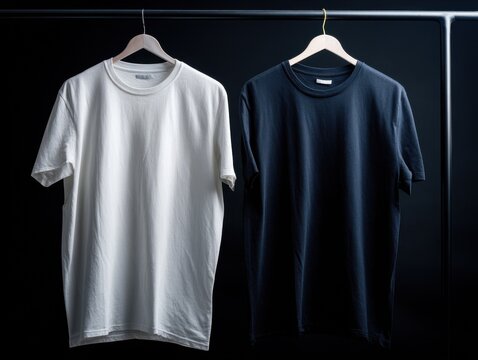 two basic cotton tshirts one in white and the other in dark navy displayed together on a simple clothing rack isolated on a black background no text no watermark no logo no brands no illustration 