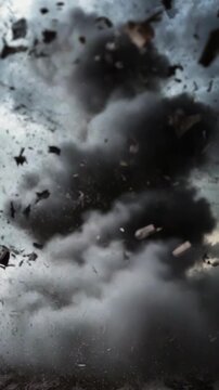 A destructive tornado rips through the landscape under a stormy sky. Debris and dust are violently sucked into the powerful, swirling vortex.