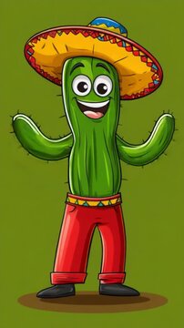 A cheerful cartoon cactus wears a colorful sombrero and red pants. This happy character sways gently on a vibrant green background.