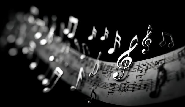 A dynamic monochrome swirl of 3D musical notes flowing from a sheet music scroll