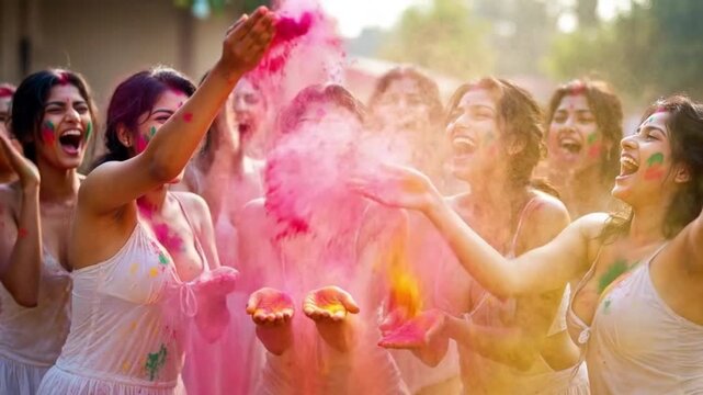 Attractive Indian Women Celebrating Holi Festival with Colorful Powder and Joyful Expressions