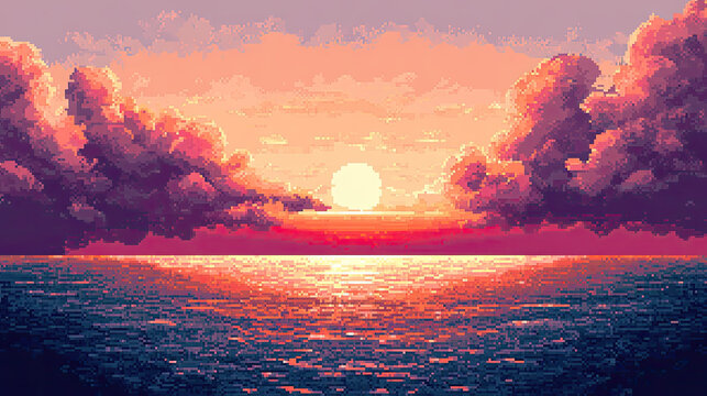 Sunset over the Ocean with vibrant sky and clouds. The image of the sun setting is reflected in the water AI Generative