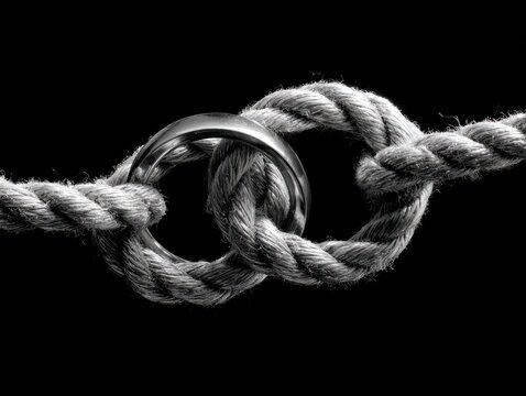 two intertwined ropes with intertwined silver rings isolated on a black background no text no watermark no logo no brands no illustration 