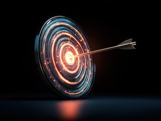 Fototapeta premium glowing target with arrow in center isolated on a black background