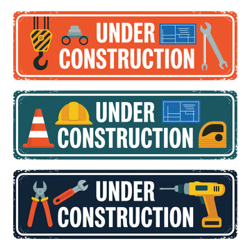 Under construction, grunge banners, with road barriers, protective helmets, hooks, warning signs, and industrial elements, perfect for construction safety, signage, and graphic design projects.
