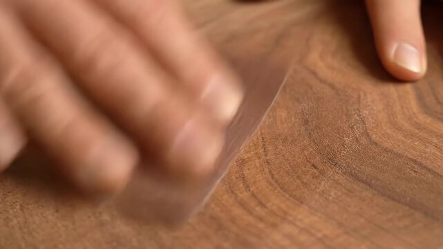 A person's hands sand a beautiful wooden surface. The fine grit sandpaper smooths the rich wood grain.
