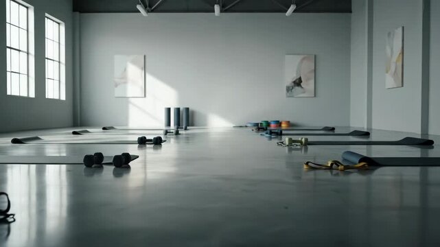An empty, modern fitness studio awaits a workout session. Yoga mats and weights are neatly arranged on the polished floor.