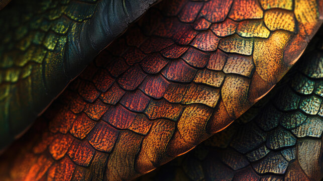 A detailed, colorful close-up of scales that change color, evoking a sense of mystery and magic. The scales boast an array of colors from the spectrum AI Generative