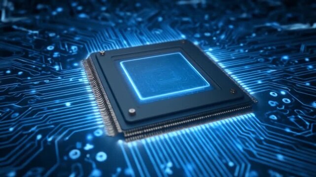 Close up of a digital processor on a circuit board background