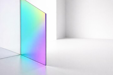 Fototapeta premium Light Interacts With a Clear Surface Creating Colorful Reflections in a Minimalist Space With Walls and Floor